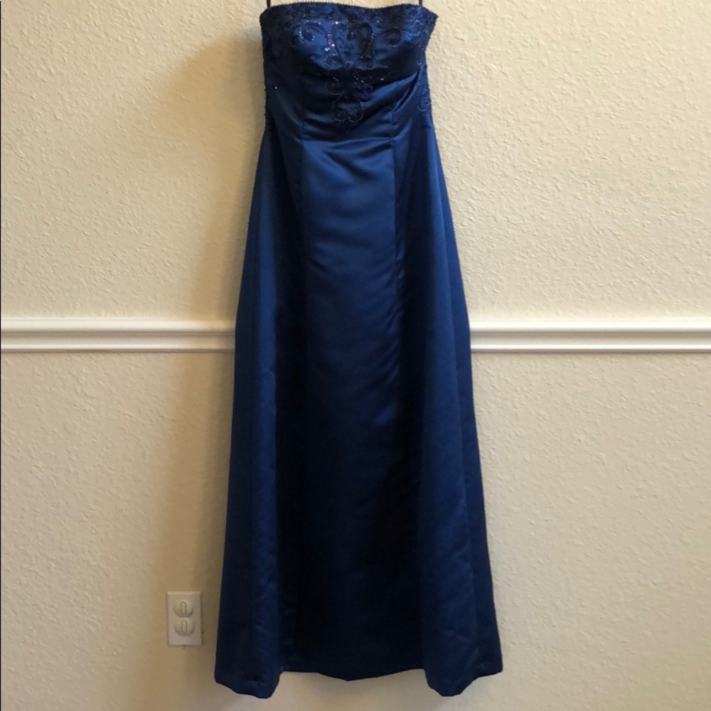 Blue beaded strapless gown